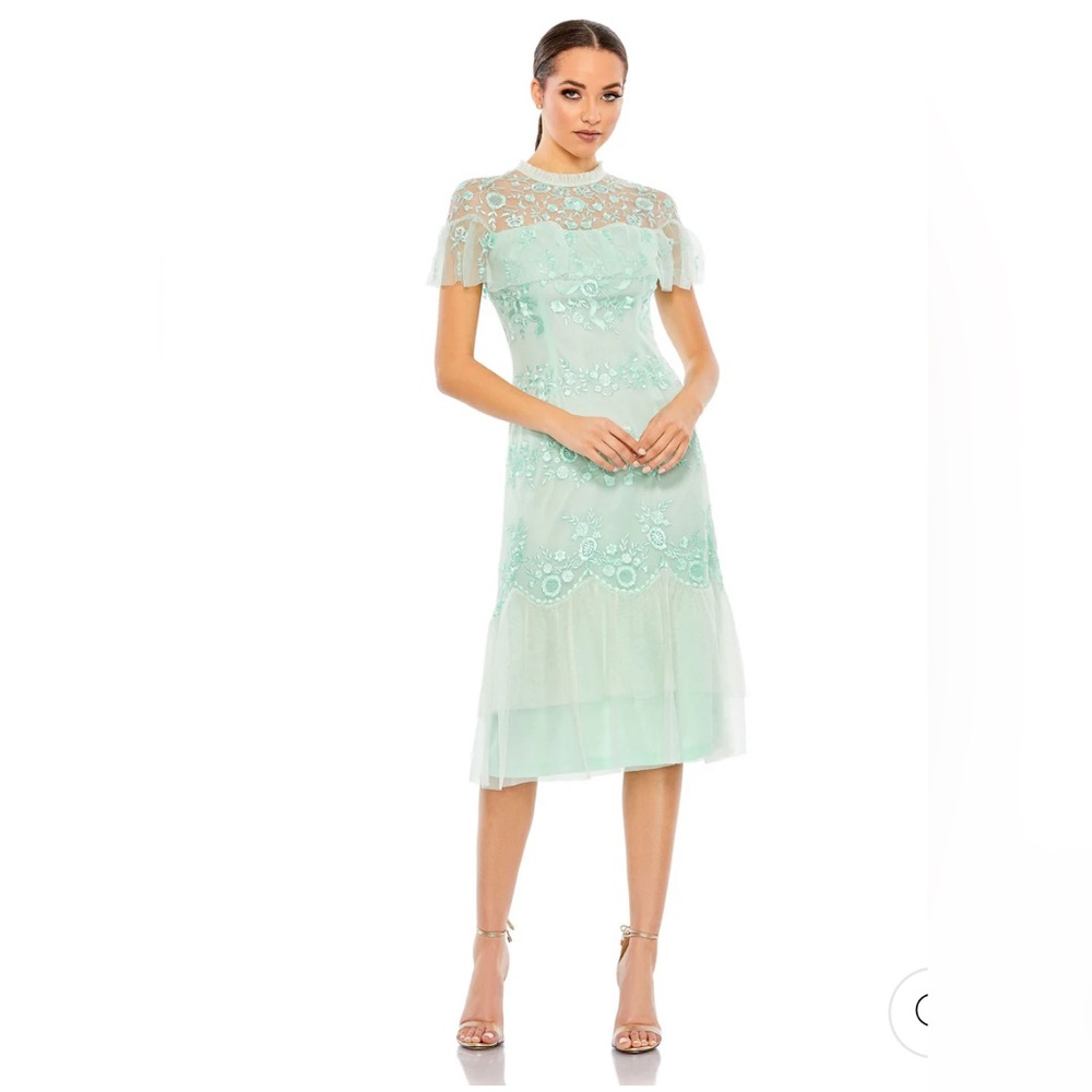 MAC DUGGAL Mint Green Embroidered Ruffle Cap Sleeve MIDI Dress Size 8 NWT 35147